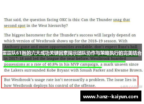 雷霆队61胜的六大成功关键因素揭示团队协作与策略执行的完美结合
